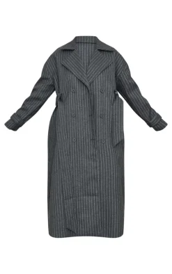 Plus Charcoal Pinstripe Wool Look Double Breasted Belted Coat