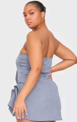 Plus Charcoal Pinstripe Woven Bandeau Ruched Side Skort Romper