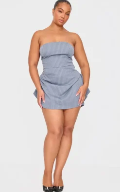 Plus Charcoal Pinstripe Woven Bandeau Ruched Side Skort Romper