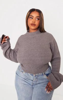 Plus Charcoal Rib Knit Open Back Cropped Sweater