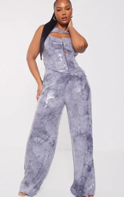 Plus Charcoal Sequin Wide Leg Pants