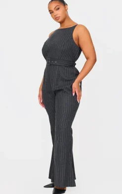 Plus Charcoal Slash Neck Check Jumpsuit