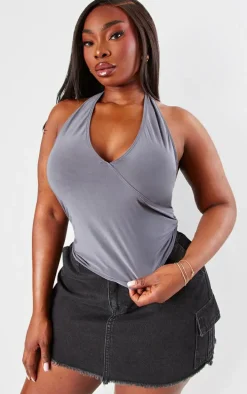Plus Charcoal Slinky Halterneck Ruchedside Long Top