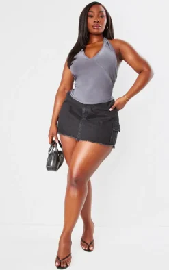 Plus Charcoal Slinky Halterneck Ruchedside Long Top