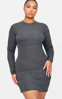 Plus Charcoal Textured Long Sleeve Bust Seam Detail Mini Dress