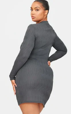 Plus Charcoal Textured Long Sleeve Bust Seam Detail Mini Dress