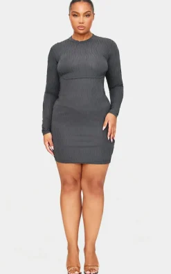 Plus Charcoal Textured Long Sleeve Bust Seam Detail Mini Dress
