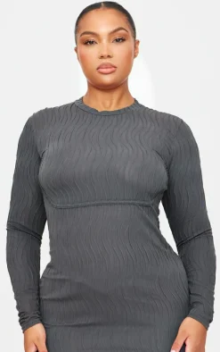 Plus Charcoal Textured Long Sleeve Bust Seam Detail Mini Dress