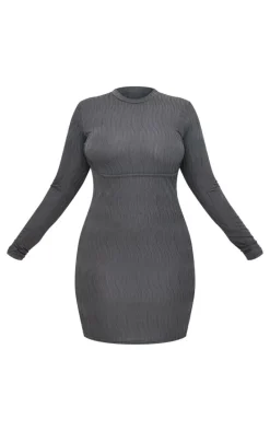 Plus Charcoal Textured Long Sleeve Bust Seam Detail Mini Dress