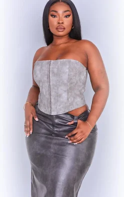 Plus Charcoal Washed Faux Leather Hook And Eye Structured Corset