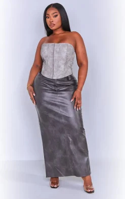 Plus Charcoal Washed Faux Leather Hook And Eye Structured Corset