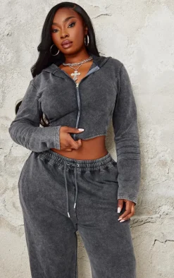 Plus Charcoal Washed Seam Detail Zip Up Corset Hoodie