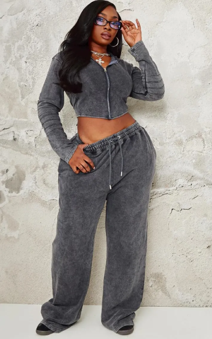 Plus Charcoal Washed Seam Detail Zip Up Corset Hoodie