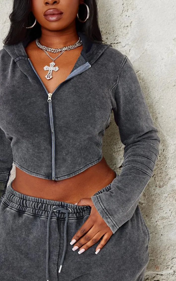 Plus Charcoal Washed Seam Detail Zip Up Corset Hoodie