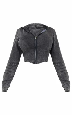 Plus Charcoal Washed Seam Detail Zip Up Corset Hoodie