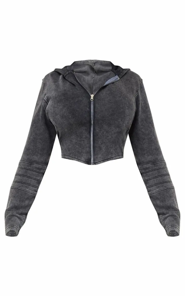 Plus Charcoal Washed Seam Detail Zip Up Corset Hoodie