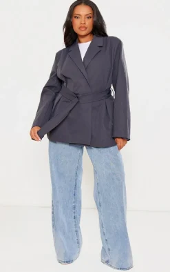 Plus Charcoal Wide Belted Waist Blazer