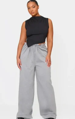 Plus Charcoal Woven Drawstring Waistband Straight Leg Pants