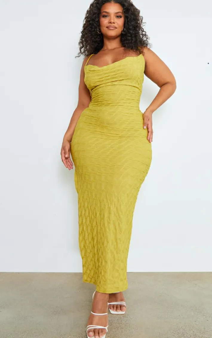 Plus Chartreuse Cowl Neck Textured Maxi Dress