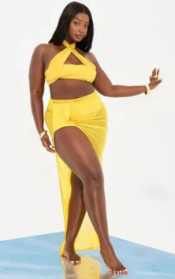 Plus Chartreuse Halterneck Wrap Bikini Top