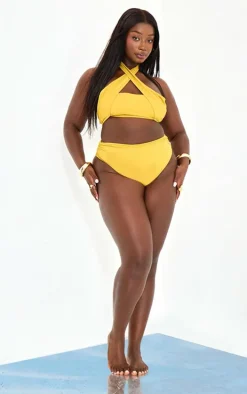 Plus Chartreuse High Waist Ruched Bikini Bottoms