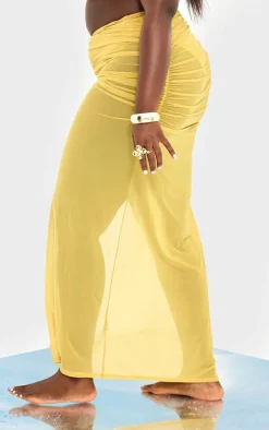 Plus Chartreuse Mesh Ruched Maxi Beach Skirt