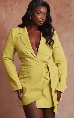 Plus Chartreuse Plunge Tie Side Blazer Dress