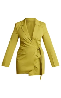 Plus Chartreuse Plunge Tie Side Blazer Dress