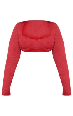 Plus Cherry Red Crinkle Long Sleeve Cupped Bikini Top