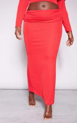 Plus Cherry Red Fold Over Sheer Maxi Skirt
