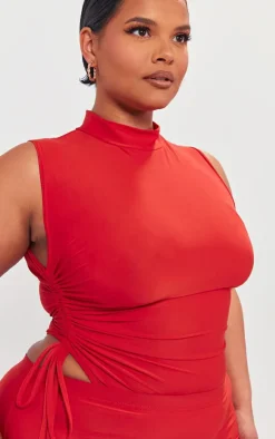 Plus Cherry Red High Neck Sleeveless Slinky Bodysuit