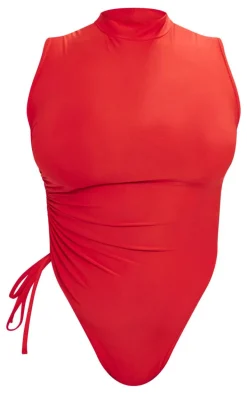 Plus Cherry Red High Neck Sleeveless Slinky Bodysuit