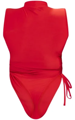 Plus Cherry Red High Neck Sleeveless Slinky Bodysuit