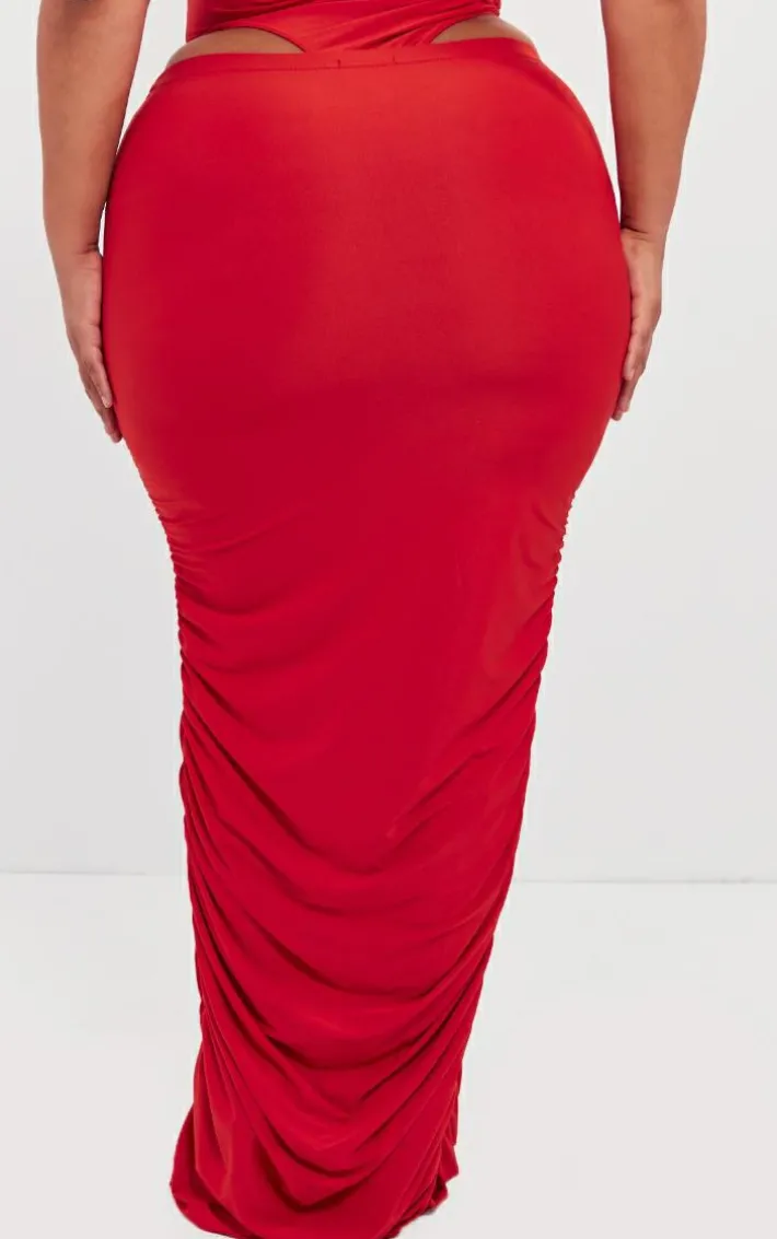 Plus Cherry Red Ruched Side Slinky Maxi Skirt