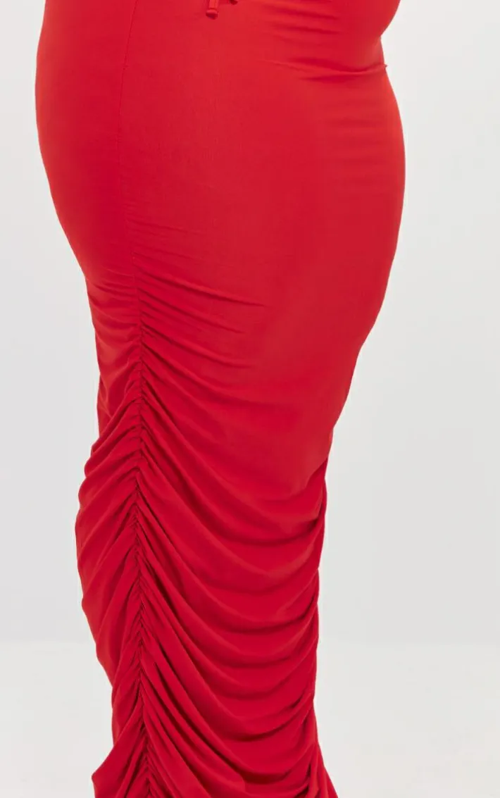 Plus Cherry Red Ruched Side Slinky Maxi Skirt