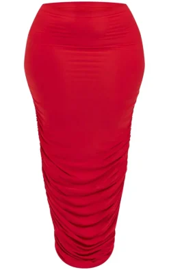 Plus Cherry Red Ruched Side Slinky Maxi Skirt