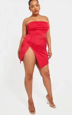 Plus Cherry Red Slinky Split Leg Mini Skirt