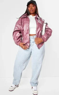 Plus Cherry Red Stitch Detail Washed Faux Leather Bomber Jacket