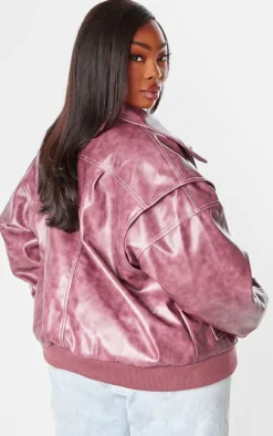 Plus Cherry Red Stitch Detail Washed Faux Leather Bomber Jacket