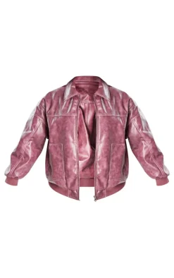 Plus Cherry Red Stitch Detail Washed Faux Leather Bomber Jacket