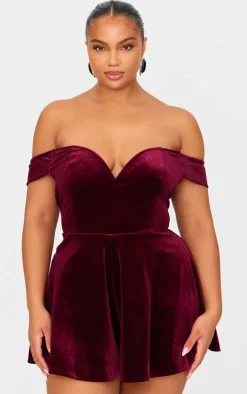 Plus Cherry Red Velvet Bardot Sweetheart Neckline Floaty Romper