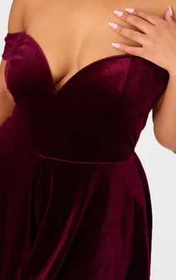 Plus Cherry Red Velvet Bardot Sweetheart Neckline Floaty Romper
