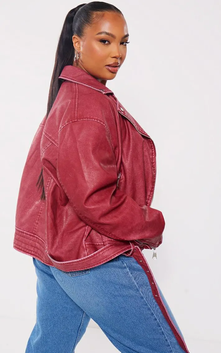 Plus Cherry Red Vintage Faux Leather Oversized Zip Up Biker Jacket