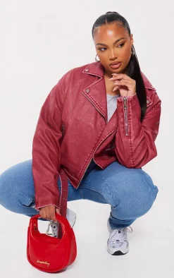 Plus Cherry Red Vintage Faux Leather Oversized Zip Up Biker Jacket