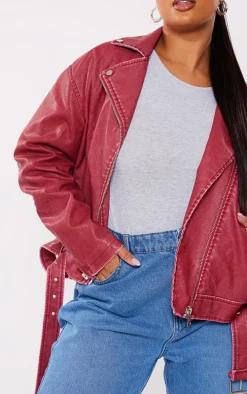 Plus Cherry Red Vintage Faux Leather Oversized Zip Up Biker Jacket