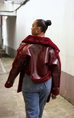 Plus Cherry Red Vinyl Faux Fur Trim Tie Waist Cropped Coat