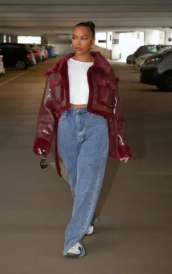 Plus Cherry Red Vinyl Faux Fur Trim Tie Waist Cropped Coat