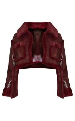 Plus Cherry Red Vinyl Faux Fur Trim Tie Waist Cropped Coat