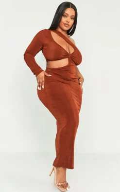 Plus Chocolate Acetate Slinky Cut Out Maxi Dress