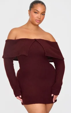 Plus Chocolate Soft Touch Bardot Mini Dress